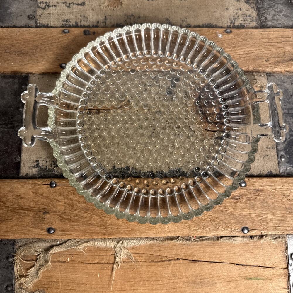 Vintage Anchor Hocking Boopie Clear Glass Bubble Cake Plate Tray with Handles